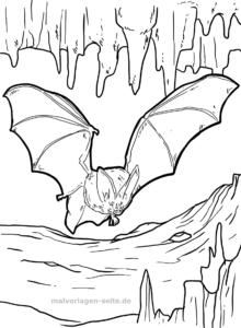 Eine Fledermaus mit ausgebreiteten Flügeln fliegt durch eine Höhle, über der sich Stalaktiten und unter der sich Stalagmiten befinden – ein spannendes Ausmalbild für Kinder, das sie als Malvorlage genießen können.
