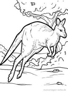 Ein Känguru hüpft durch eine Landschaft, im Hintergrund sind Bäume und Sträucher zu sehen. Diese Malvorlage ist im Ausmalbild-Stil mit sichtbaren Konturen und detaillierten Merkmalen gezeichnet und eignet sich perfekt zum kreativen Ausmalen.