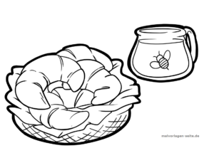 Ein Korb mit Croissants auf einem Salatblatt neben einem Honigglas mit einer Bienenillustration darauf – perfekt als Malvorlage für Kinder, die gerne Malbilder zum Thema Essen ausmalen.