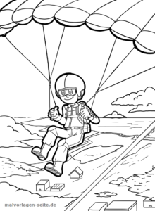 Ein Kind mit Helm und Schutzbrille springt mit dem Fallschirm aus dem Himmel, hält sich an den Fallschirmschnüren fest und lächelt über einer Landschaft mit Wolken, Häusern und Feldern – perfekt als Ausmalbild für Kinder.