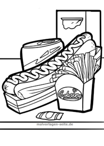 Eine lustige Malvorlage, auf der ein Hotdog, Pommes frites in einer Schachtel mit der Aufschrift „Sabrina“, eine Dose, ein eingewickeltes Bonbon und ein Serviettenhalter zu sehen sind, die auf einem Tisch angeordnet sind.