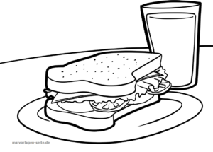 Eine schwarz-weiße Ausmalbild-Zeichnung eines Sandwichs mit Salat, Tomate und Käse auf einem Teller, daneben ein volles Glas Milch – perfekt als lustiges Ausmalbild für Kinder.