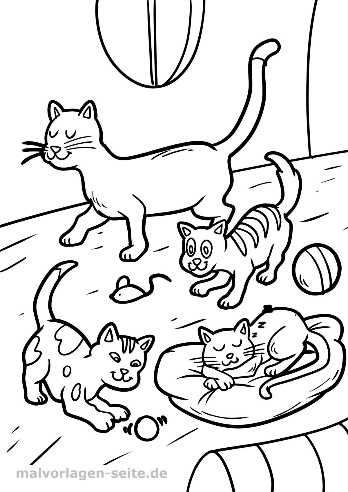 Ausmalbild Katze und Katzenkinder
