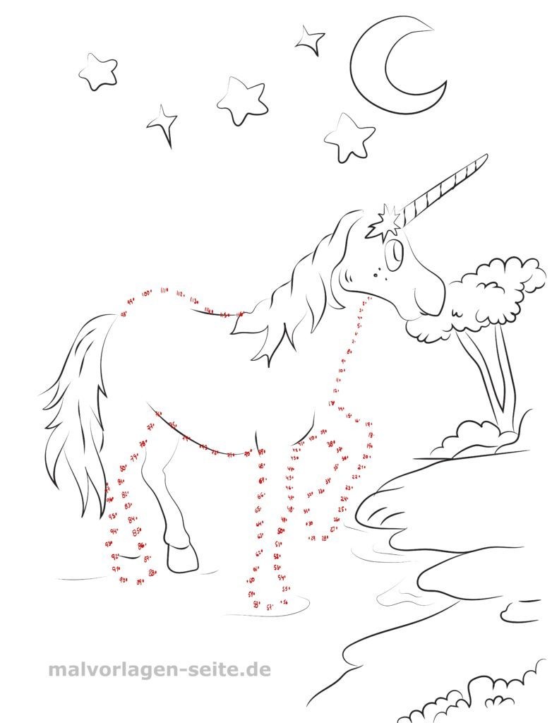 Punkt zu Punkt Bild Einhorn | Ausmalbild kostenlos herunterladen