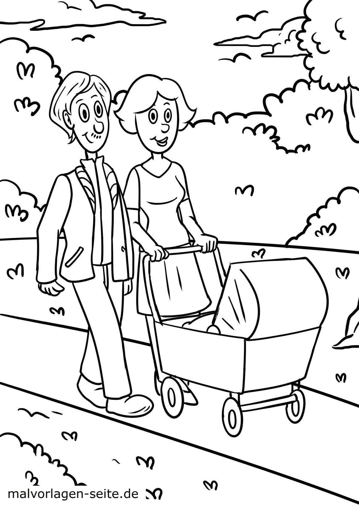 Malvorlage Familie Kinderwagen schieben