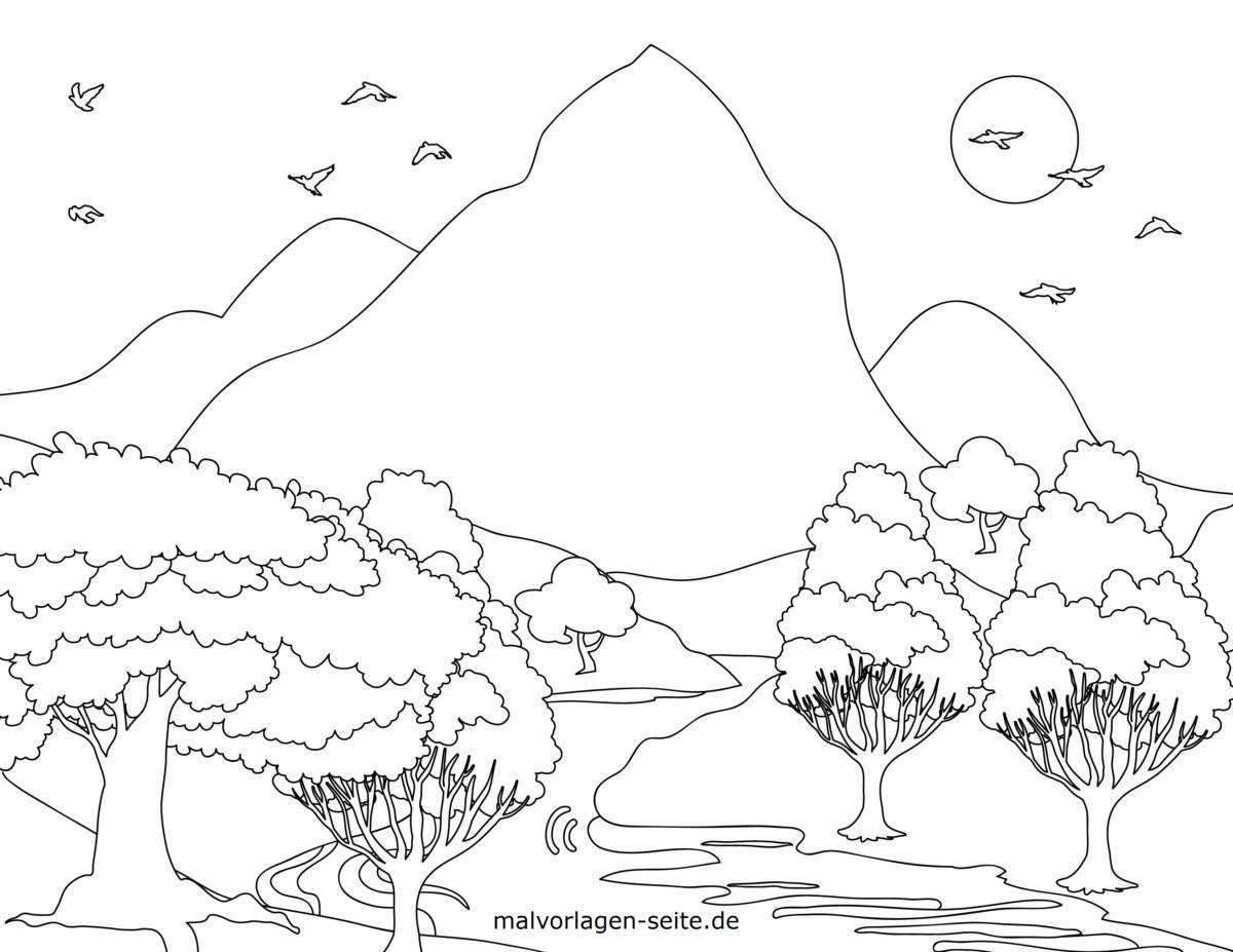 Malvorlage Landschaft mit Bergen und Fluss