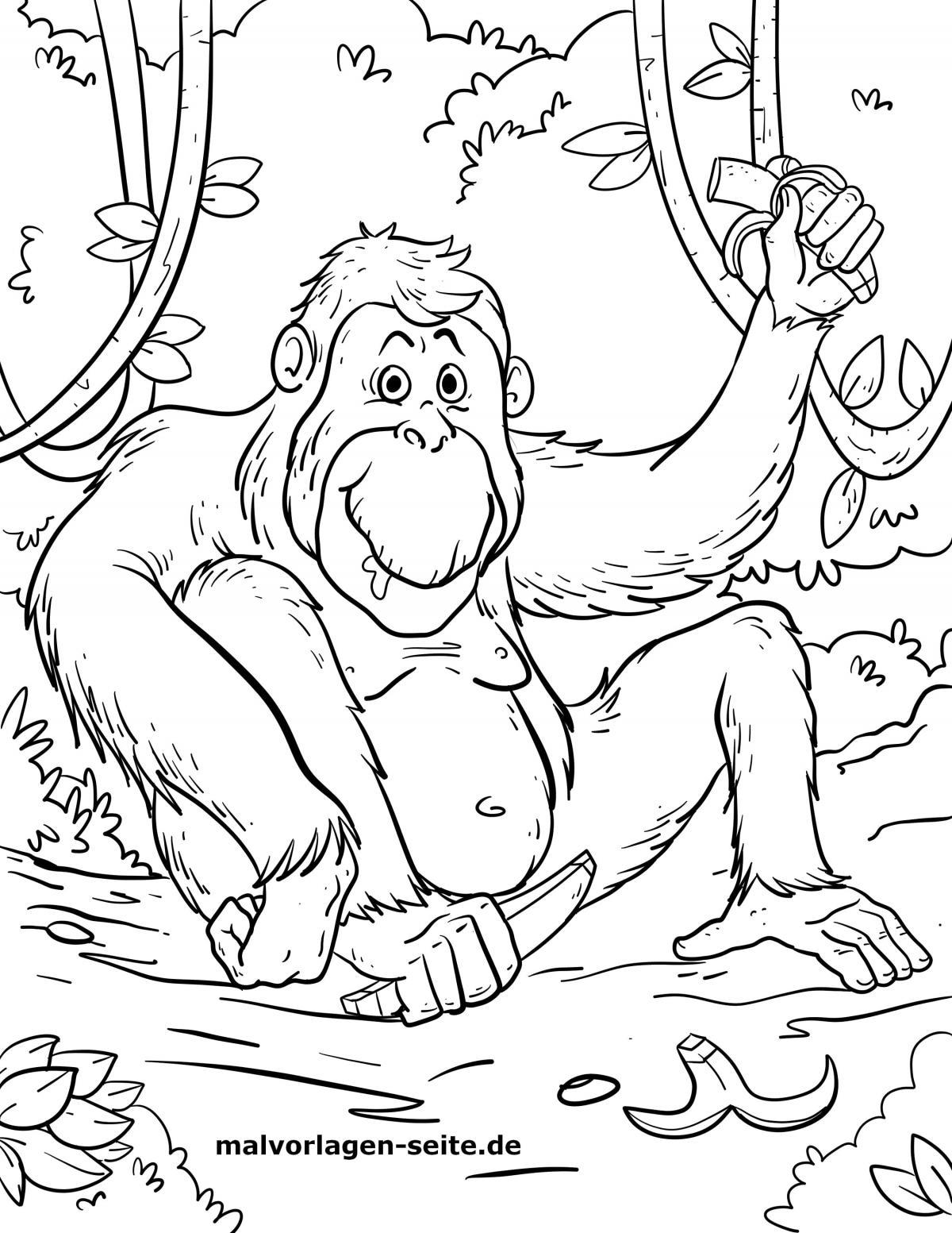 Malvorlage Orang Utan im Dschungel zum Ausmalen