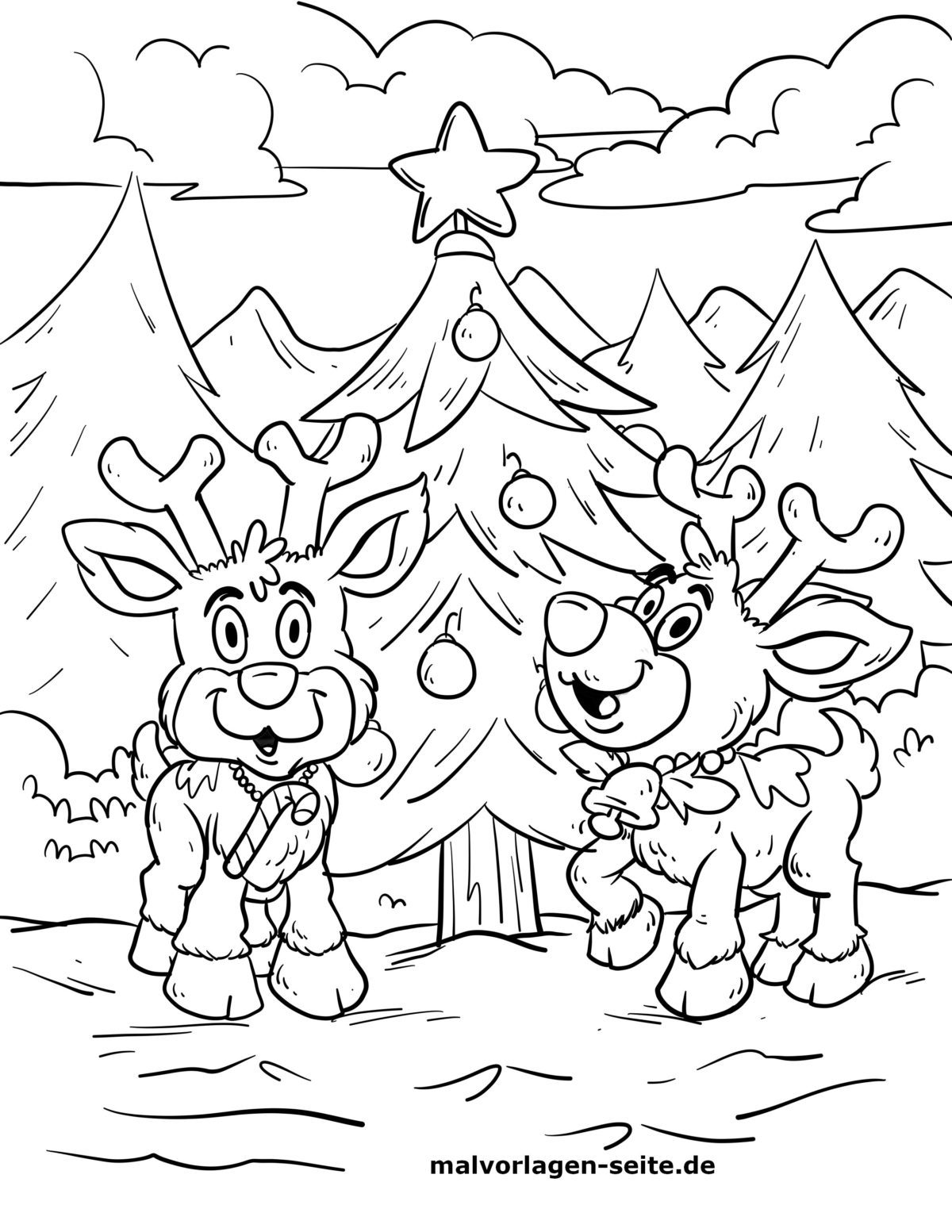 Malvorlage Rentiere am Weihnachtsbaum