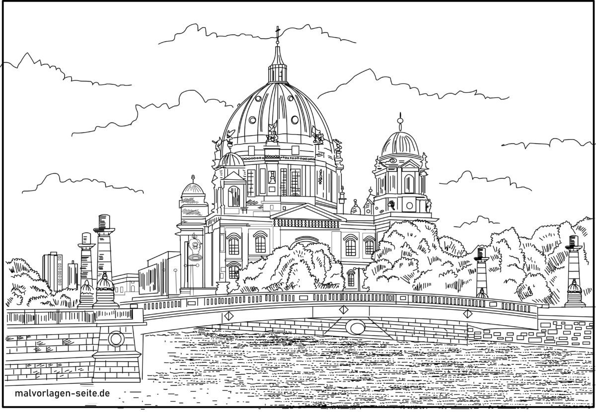Ausmalbild Berliner Dom mit Schlossbrücke über die Spree