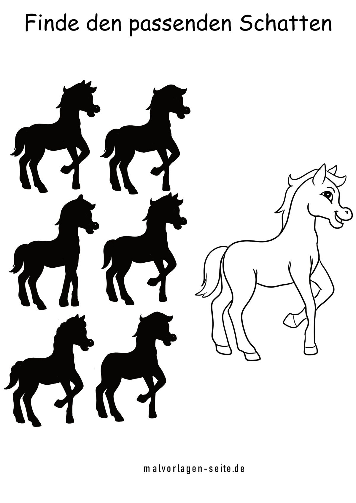 Schattenrätsel Pferd - Welcher Schatten stimmt mit dem Original überein?