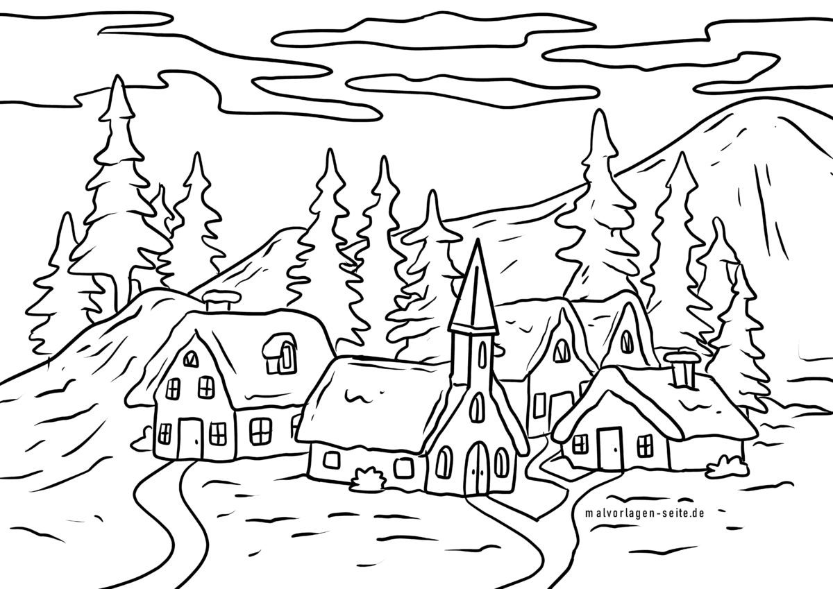 Malvorlage Dorf im Winter mit Schnee