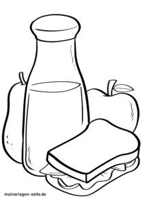 Malvorlage Sandwich, Milch und Obst