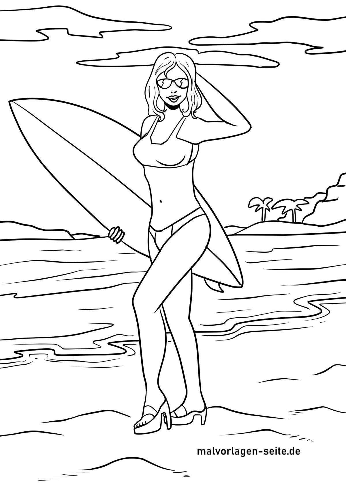 Malvorlage Surferin mit Surfbrett