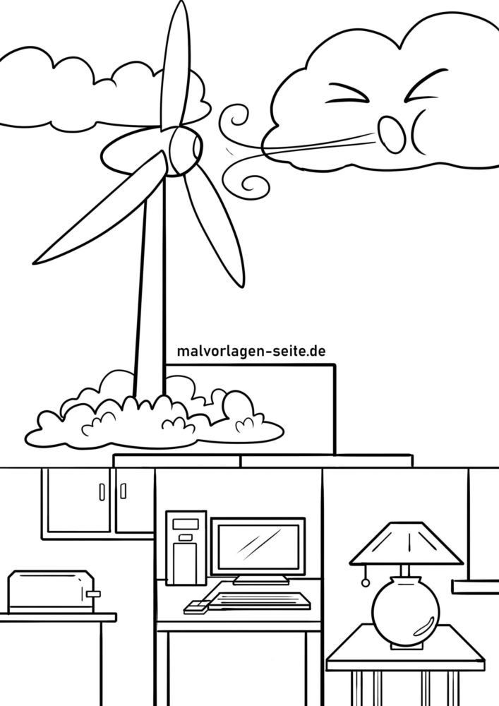 Malvorlage Windrad und Wind