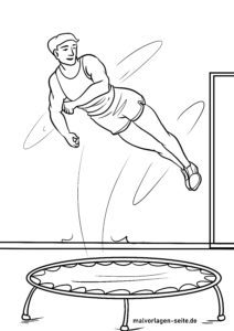 Ein Mann in Sportkleidung springt von einem Trampolin und beugt sich in der Luft seitlich zur Seite, wobei er einen Arm angewinkelt hält. Der Hintergrund ist schlicht gehalten und zeigt eine Wand und einen Boden – perfekt als Malvorlage für Kinder oder als Inspiration für ein dynamisches Malbild.