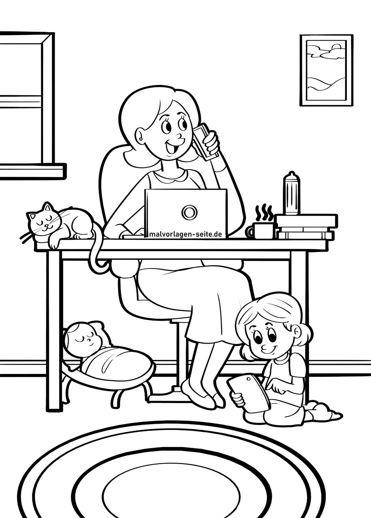 Malvorlage Mutter im Homeoffice 