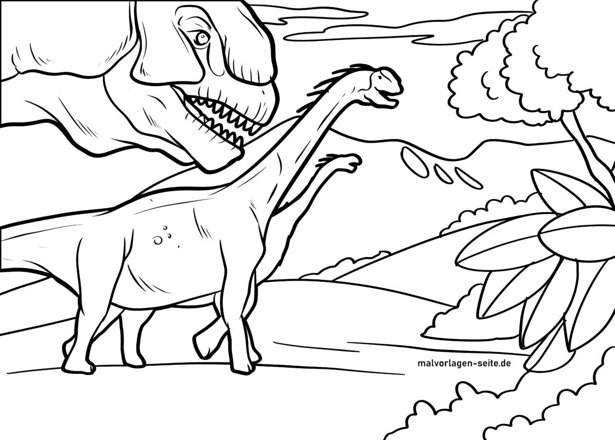 Malvorlage Dinosaurier auf der Jagd