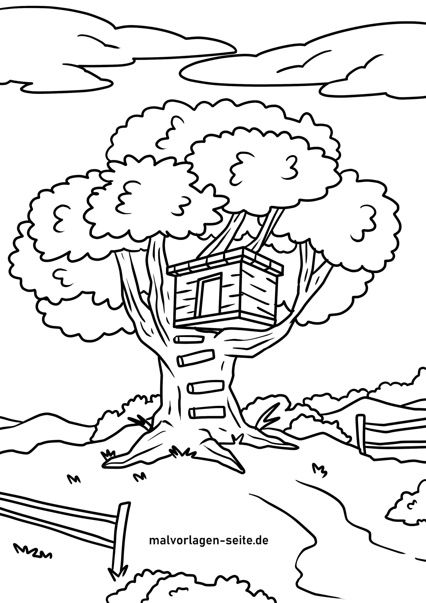  Malvorlage Baumhaus - Ausmalbild kostenlos herunterladen Illustration 