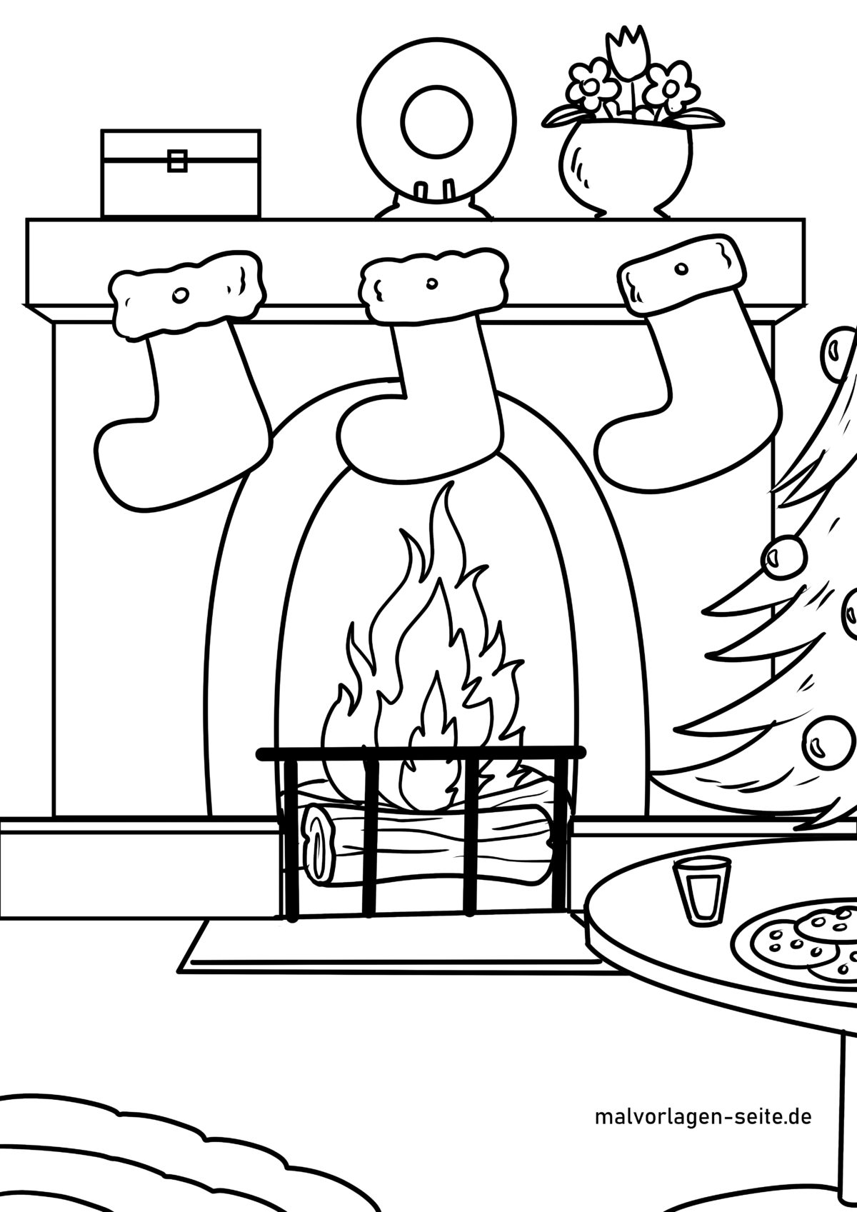 Malvorlage Kamin mit Socken an Weihnachten