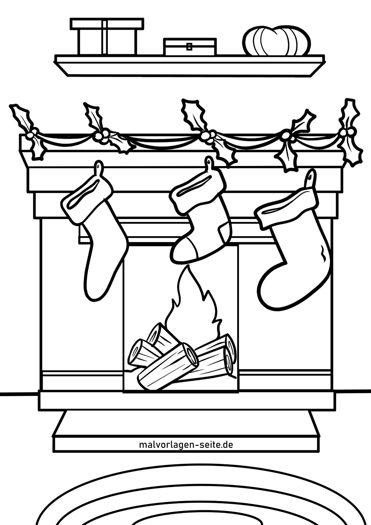 Malvorlage Kamin mit Socken an Weihnachten