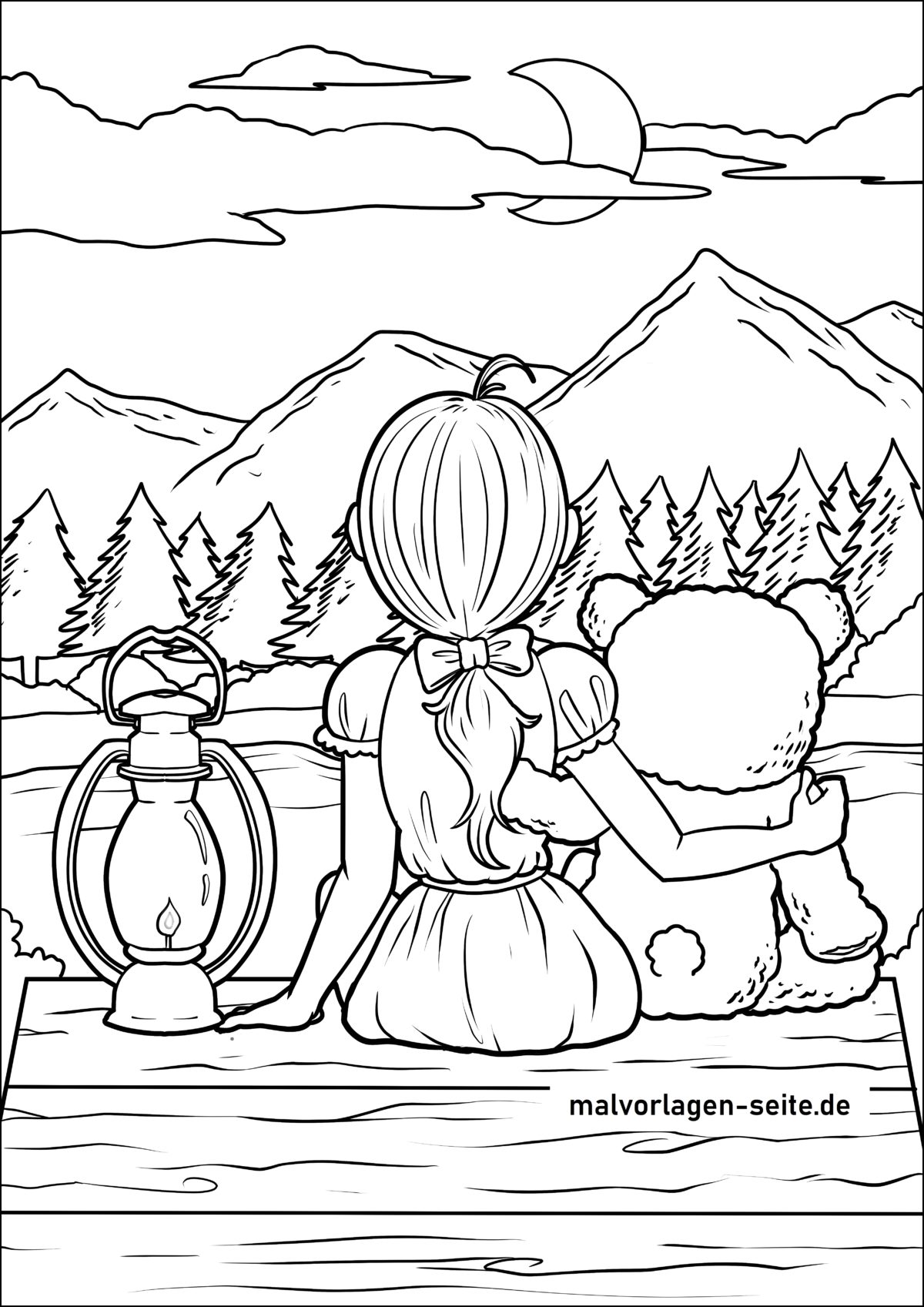 Malvorlage Träume - Mädchen und Teddy am See