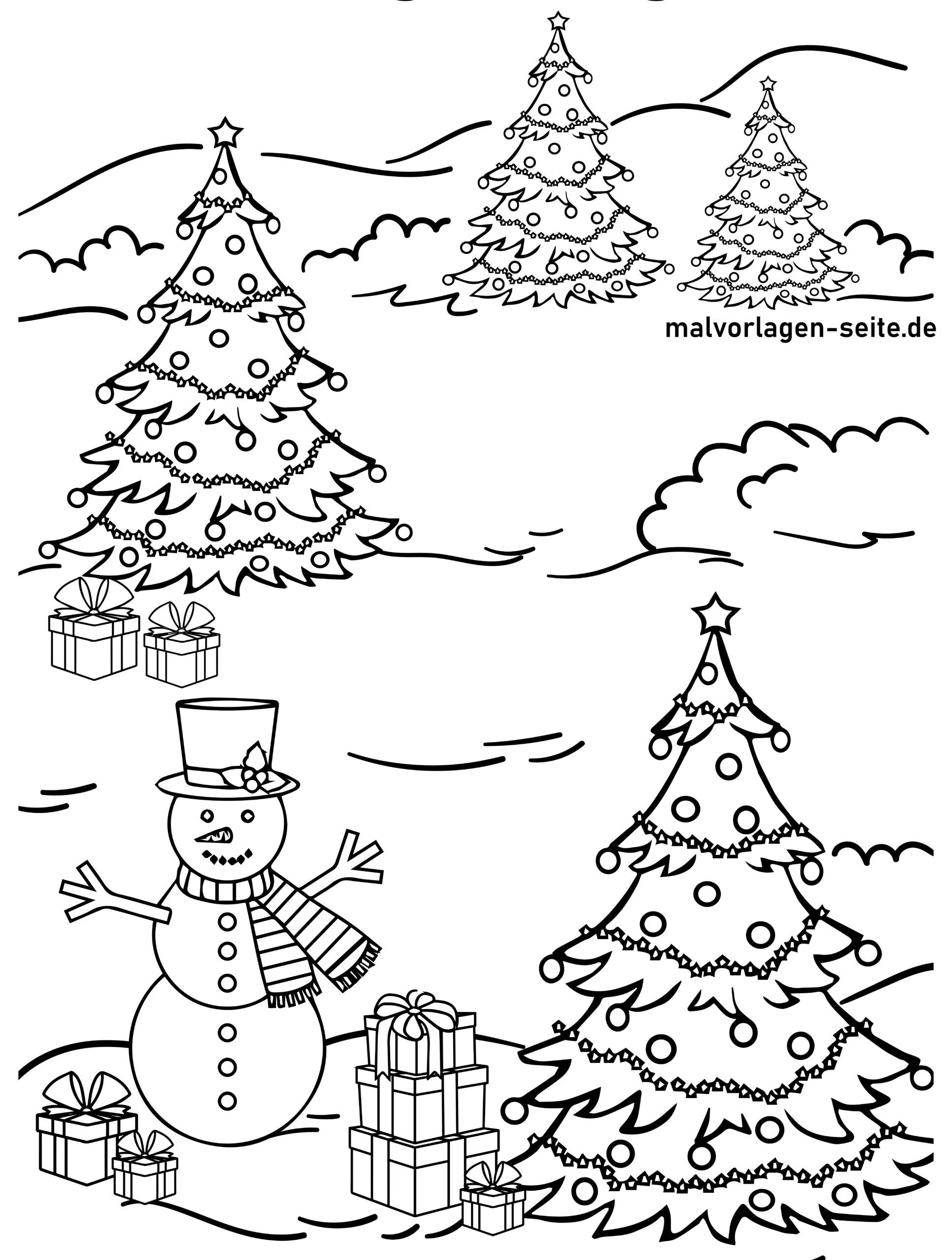 Malvorlage Schneemann mit Weihnachtsbäumen