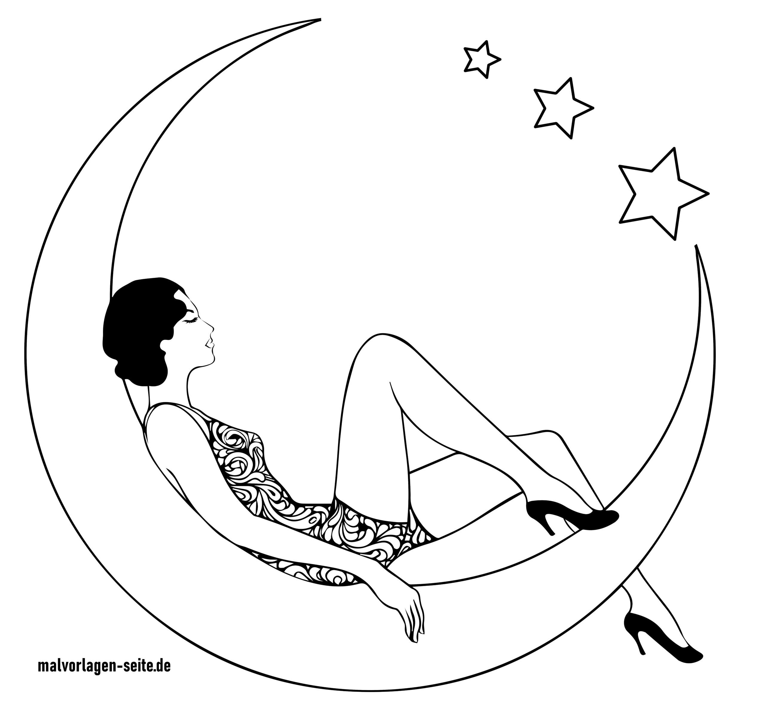 Malvorlage Träume - Frau im Mond