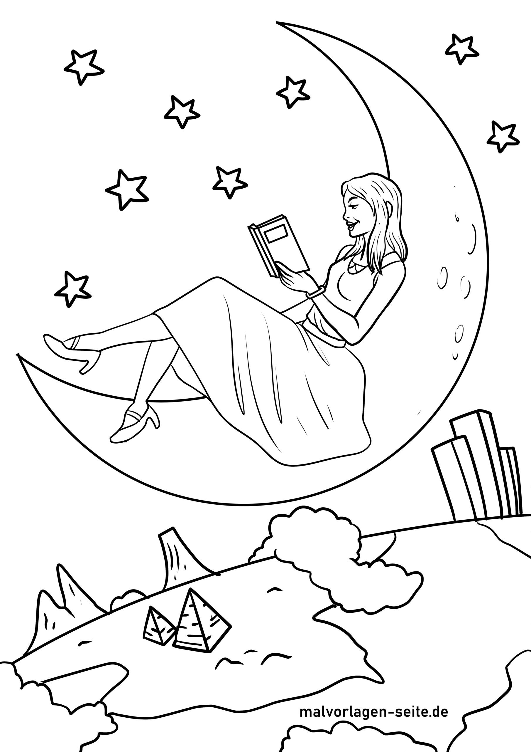 Malvorlage Träume - Frau im Mond