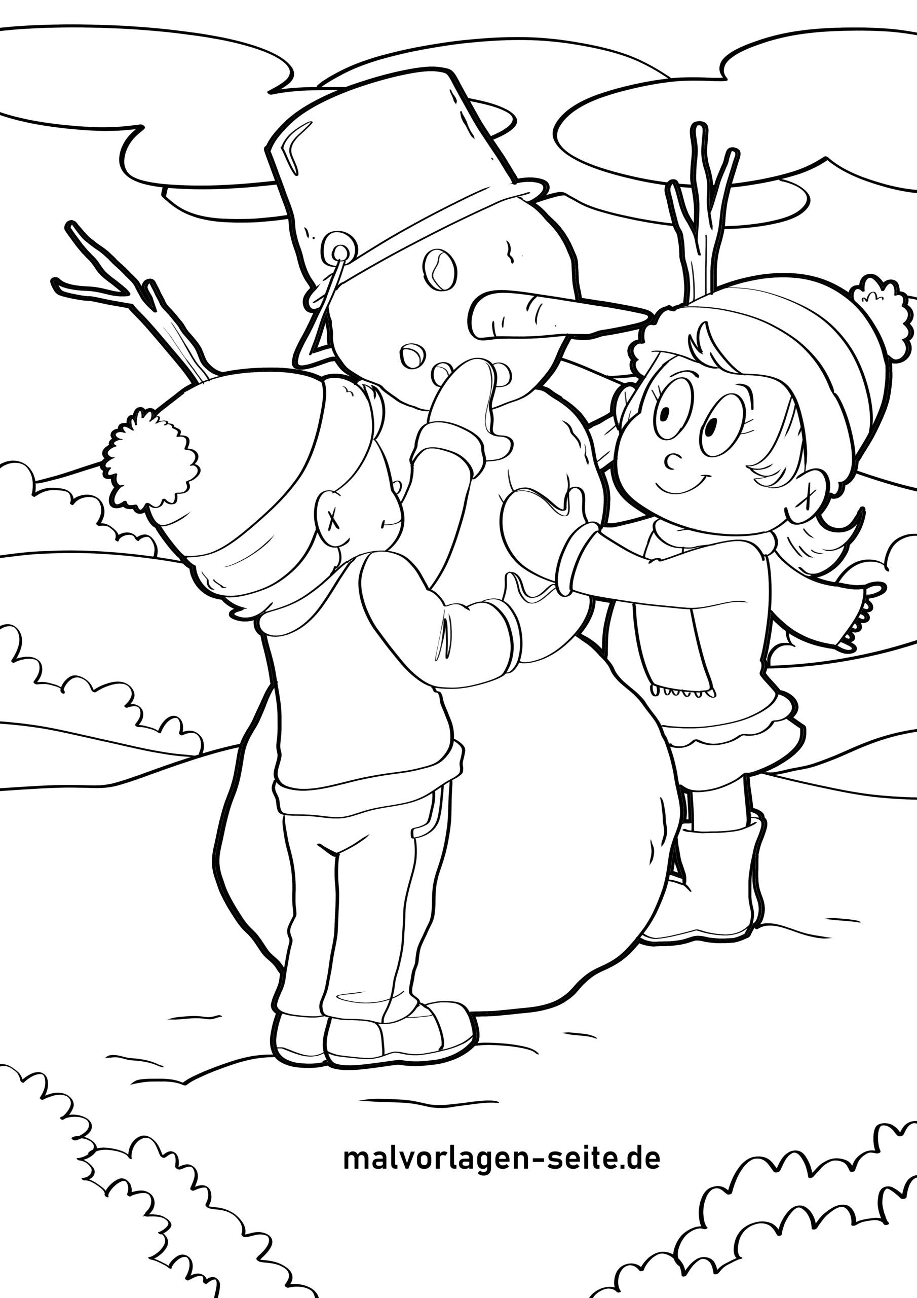 Malvorlage Kinder bauen Schneemann