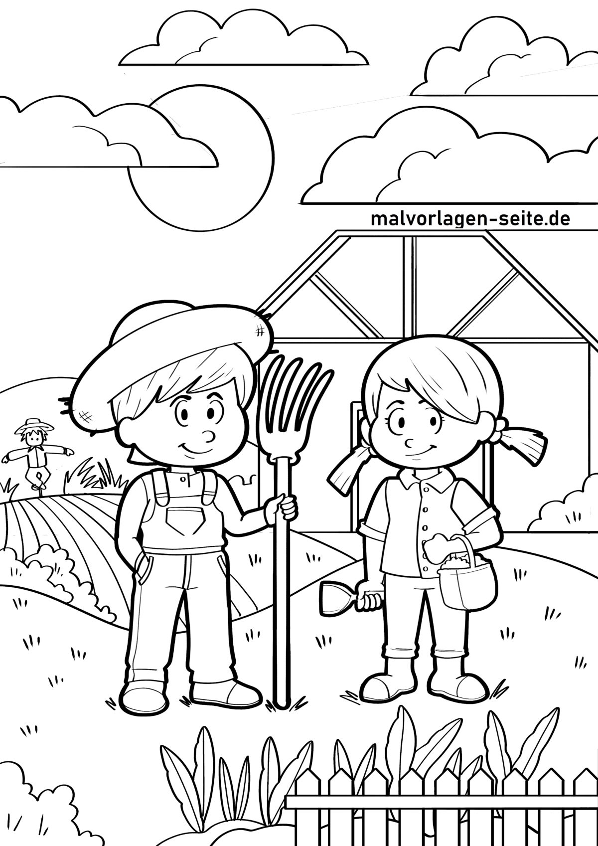 Malvorlage Kinder auf dem Bauernhof