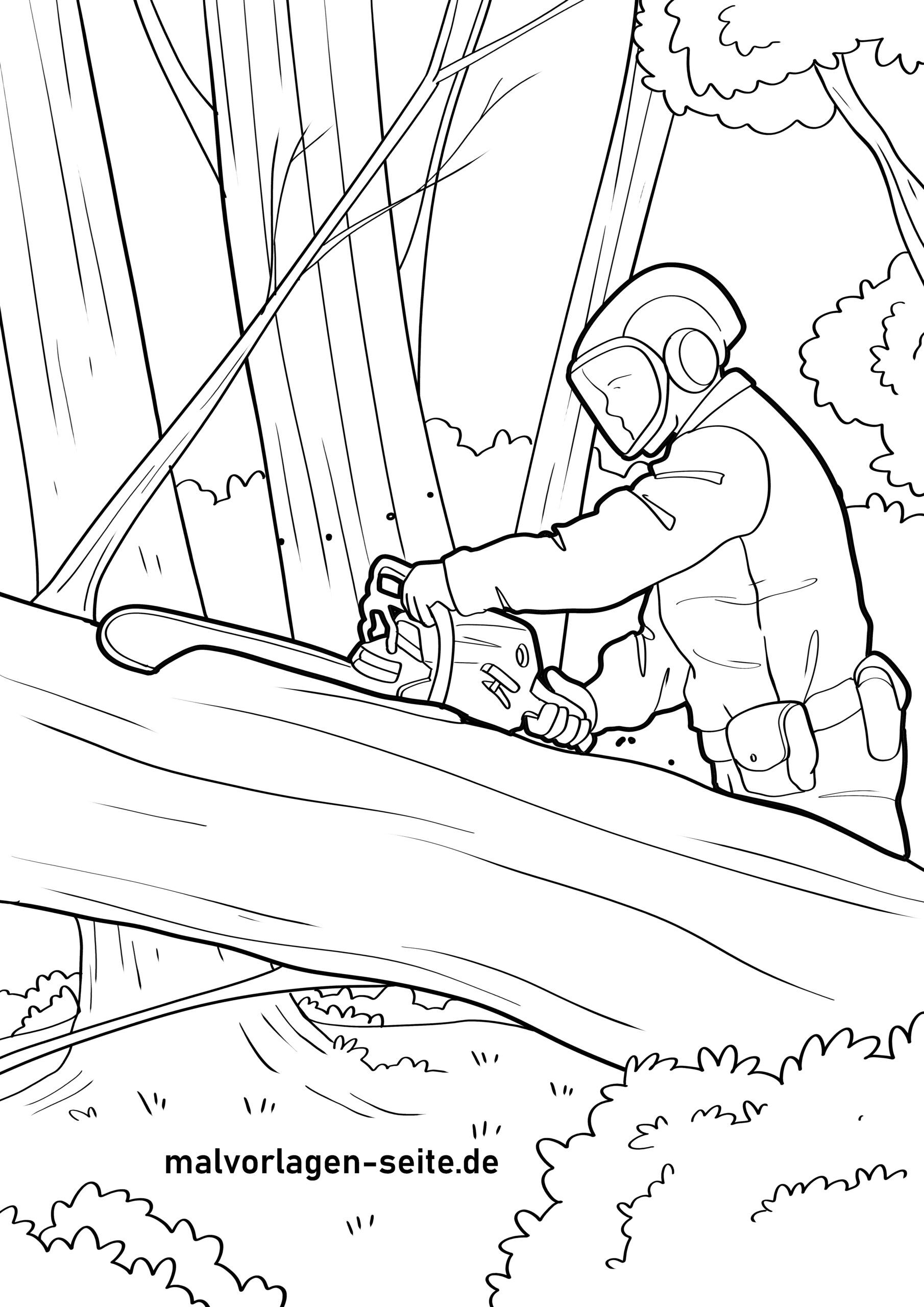Malvorlage Forstarbeiter im Wald