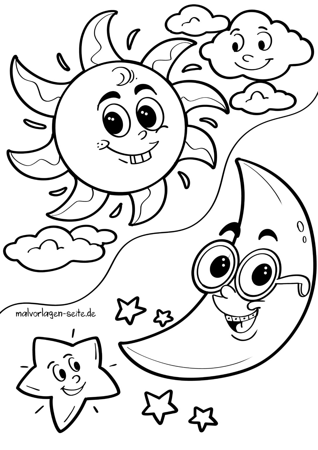 Malvorlage Sonne Mond und Sterne | Ausmalbild kostenlos herunterladen
