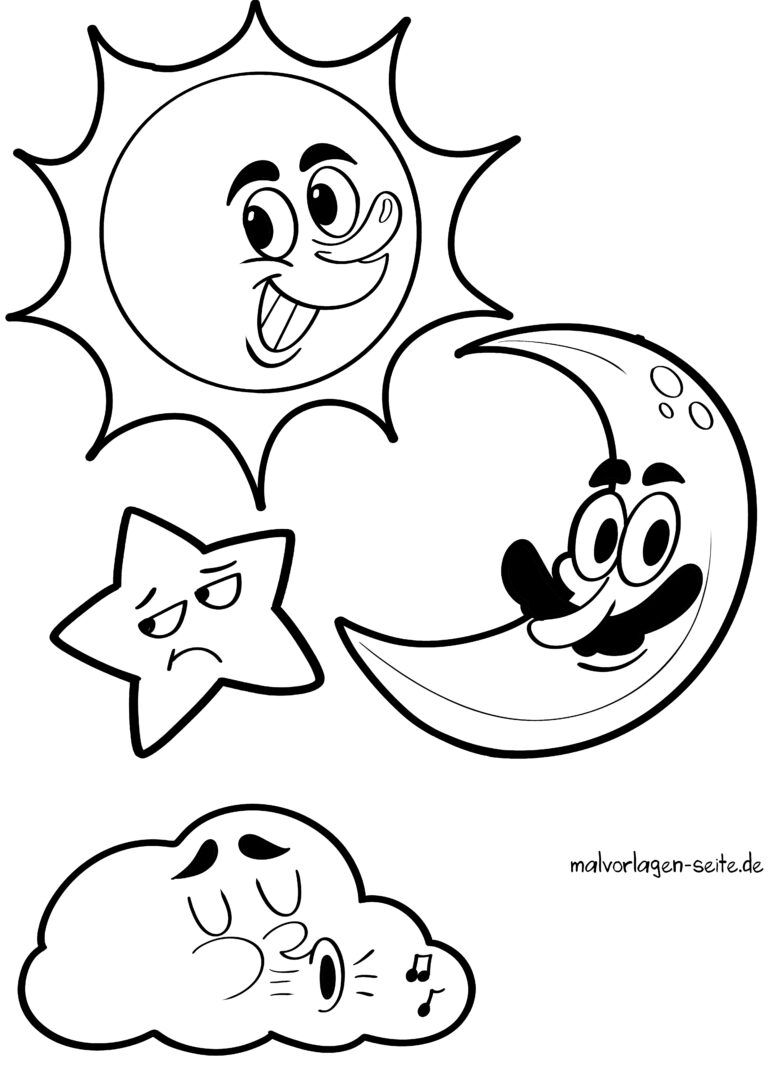 Malvorlage Sonne Mond und Sterne | Ausmalbild kostenlos herunterladen