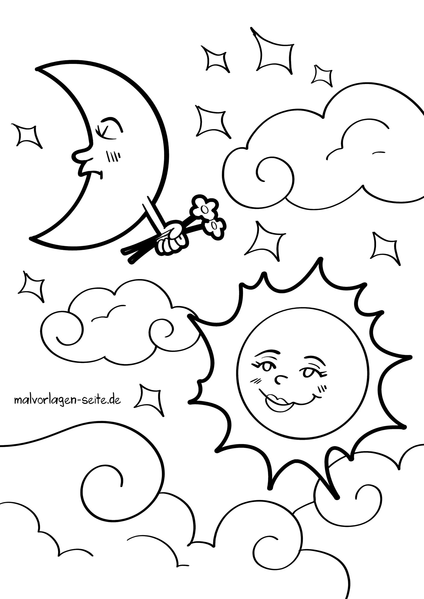 Malvorlage Sonne Mond und Sterne | Ausmalbild kostenlos herunterladen