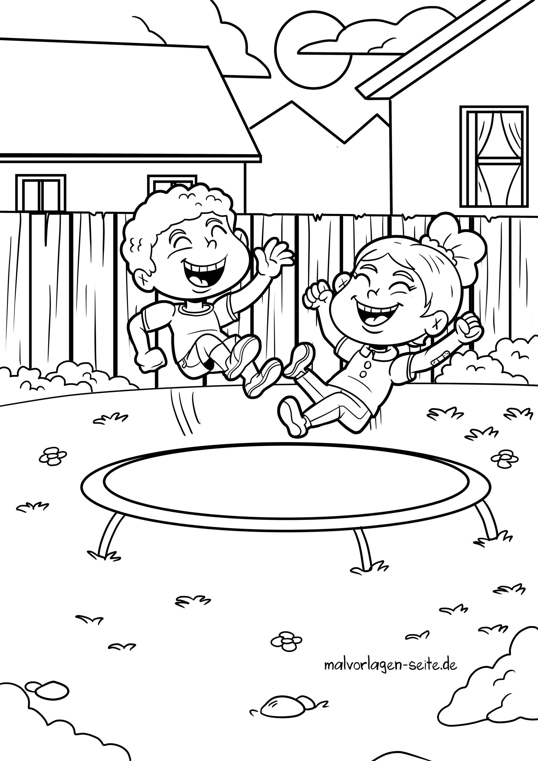 Malvorlage Kinder auf dem Trampolin