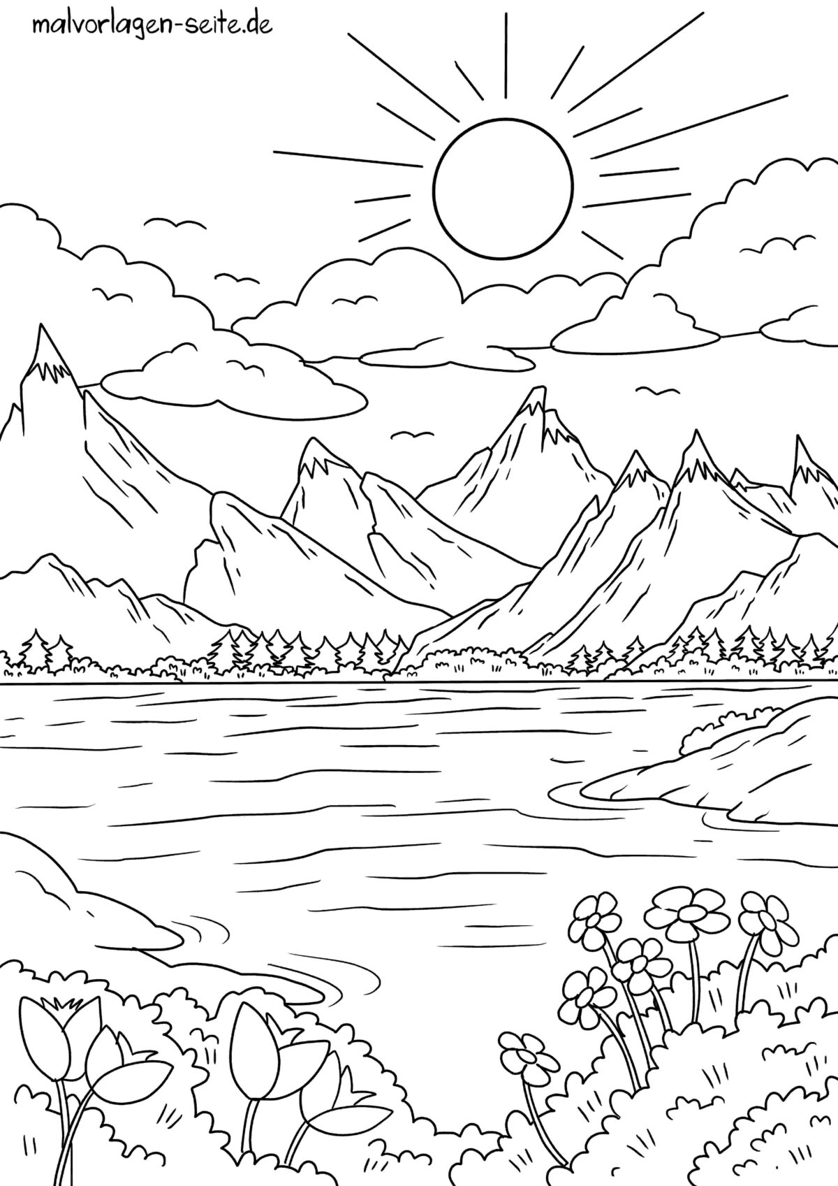 Malvorlage Berge Landschaft | Ausmalbild kostenlos herunterladen