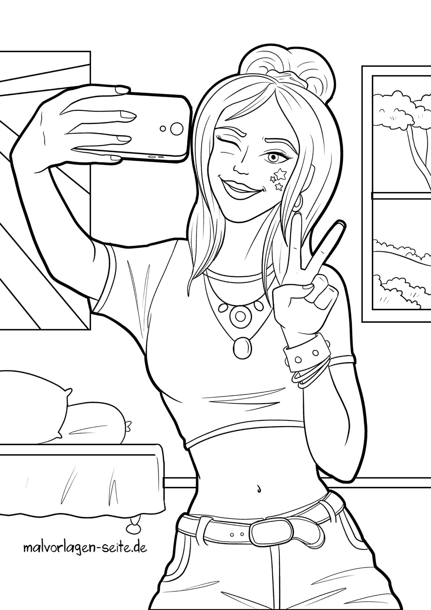  Malvorlage Frau Selfie - Ausmalbild kostenlos herunterladen Motiv 