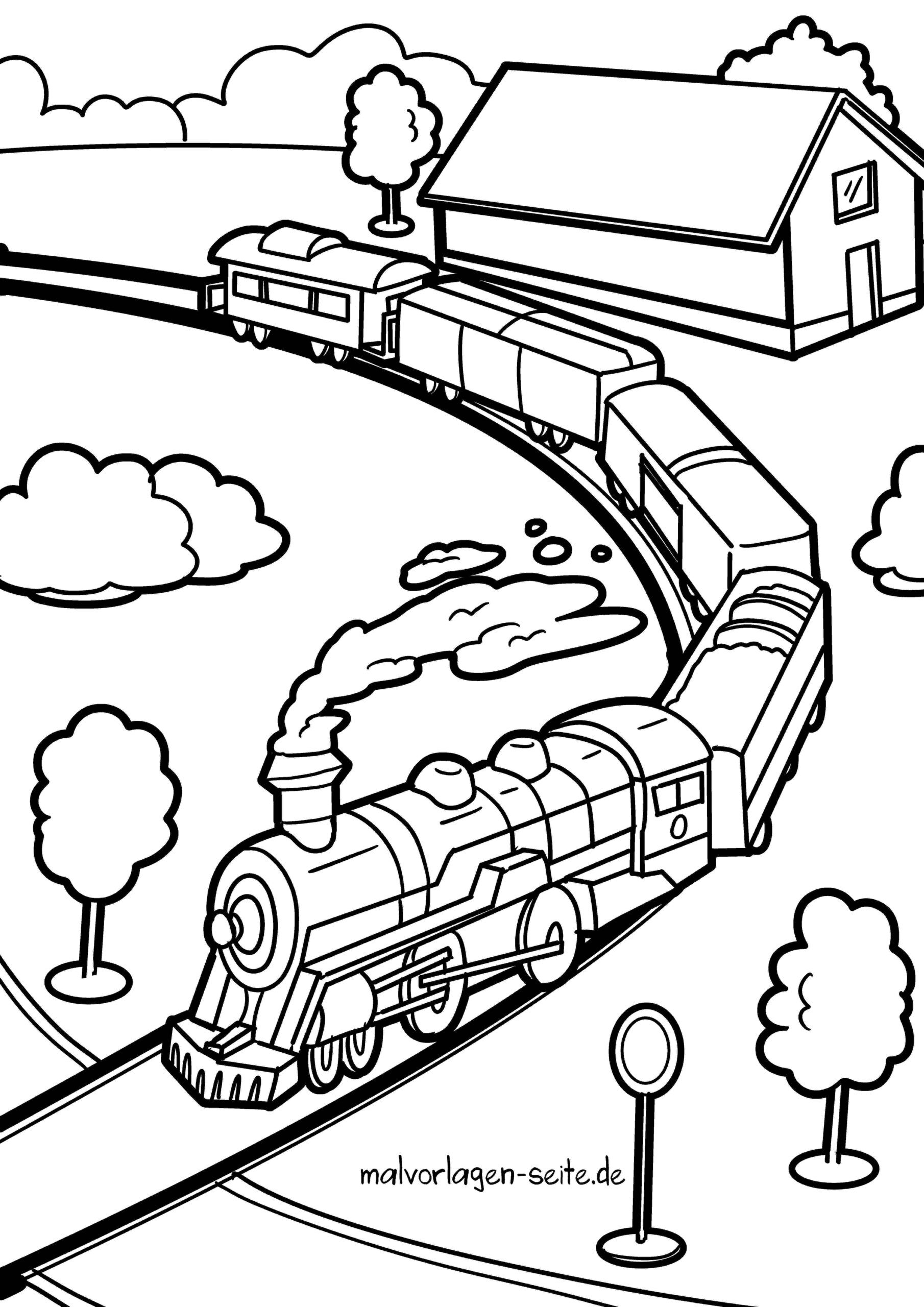  Ausmalbilder rund um Eisenbah, Zug und dampfender Lokomotive Illustration 