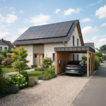 Modernes Haus mit Sonnenkollektoren auf dem Dach – wie genau funktioniert eine Photovoltaikanlage? Unter einem Carport aus Holz steht ein Auto, umgeben von Grünpflanzen und Blumen, und eine Kiesauffahrt führt zur Straße.