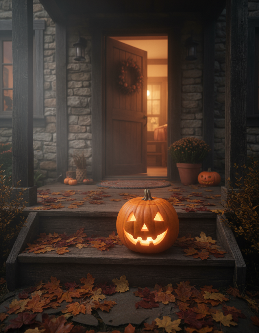 Halloween Kürbis vor dem Hauseingang