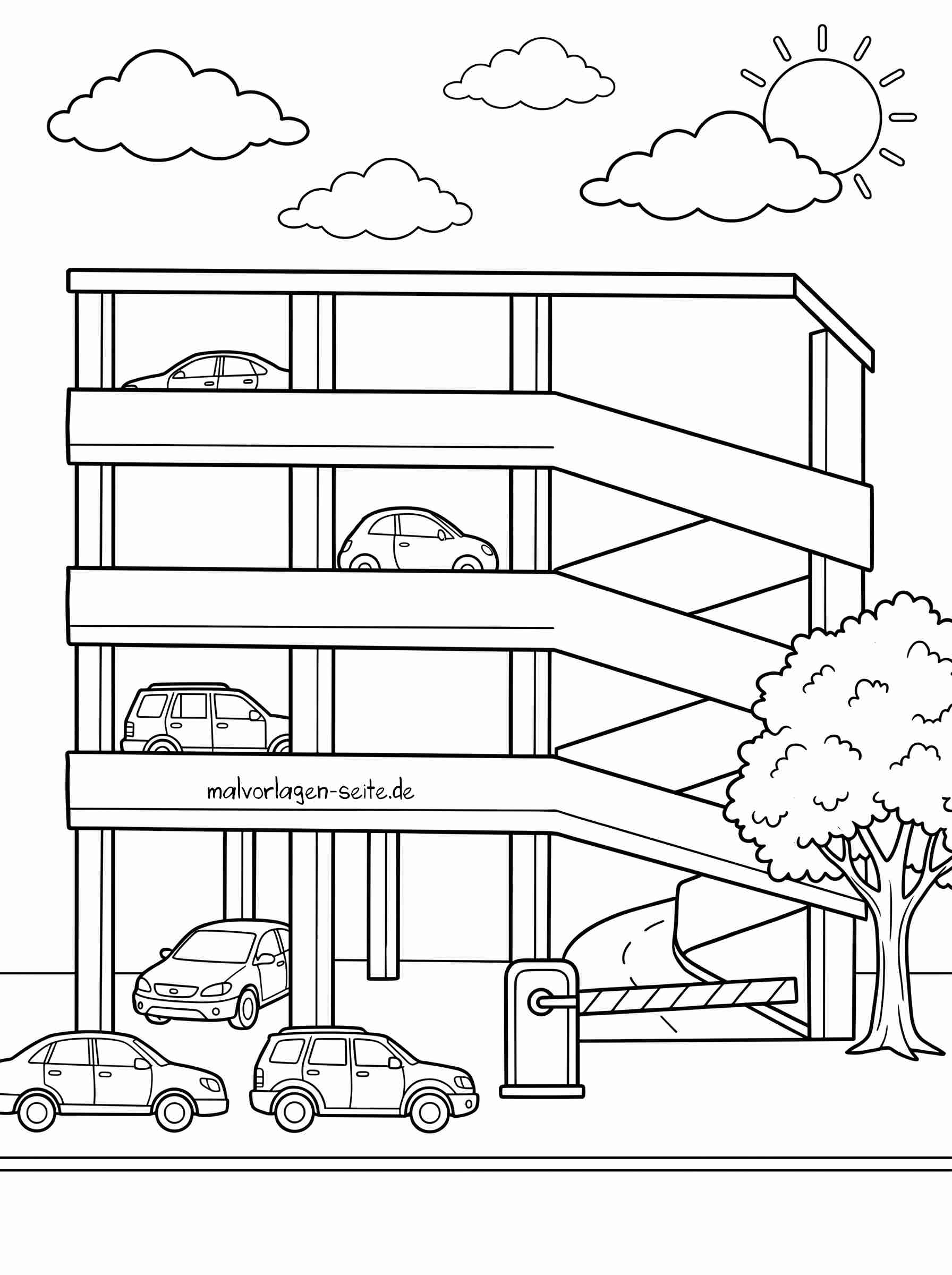 Malvorlage Parkhaus mit Autos