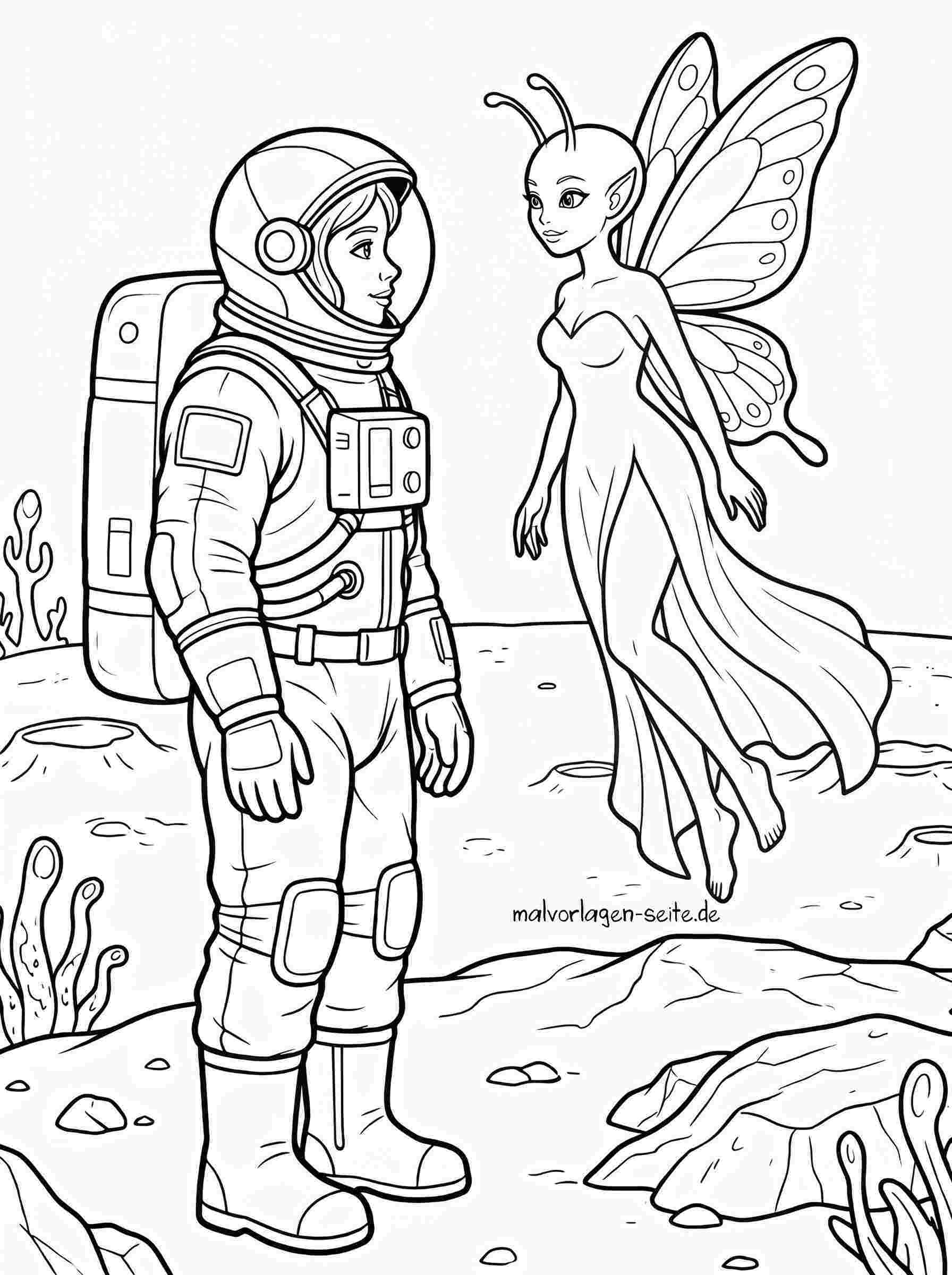 Malvorlage Astronautin und Alien