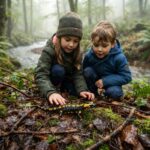 Amphibien von A bis Z Zwei Kinder in Jacken und Mützen hocken in einem nebligen Wald in der Nähe eines Baches und beobachten eine gelbfleckige Salamander – eines der faszinierenden Amphibien von A bis Z – auf dem feuchten, mit Laub bedeckten Boden, umgeben von Farnen und Moos.
