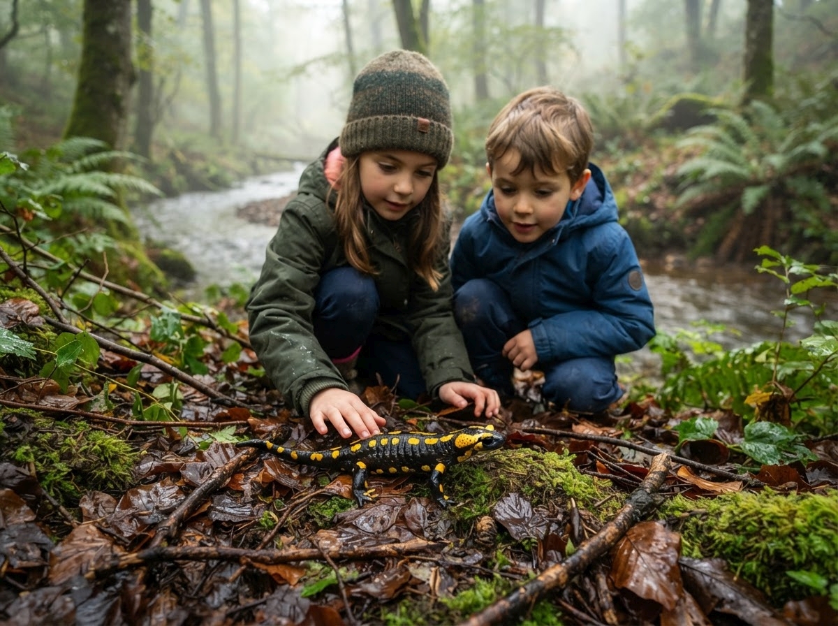 Amphibien von A bis Z Zwei Kinder in Jacken und Mützen hocken in einem nebligen Wald in der Nähe eines Baches und beobachten eine gelbfleckige Salamander – eines der faszinierenden Amphibien von A bis Z – auf dem feuchten, mit Laub bedeckten Boden, umgeben von Farnen und Moos.