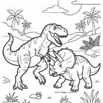 Malvorlage kämpfende Dinosaurier - Dino Kampf Ein T. rex und ein Triceratops stehen sich in einer prähistorischen Landschaft mit Palmen, Felsen und der am Himmel strahlenden Sonne gegenüber – eine spannende Szene, die sich perfekt als Malvorlage „Kämpfende Dinosaurier – Dino-Kampf“ für junge Dinosaurier-Fans zum Ausmalen eignet.
