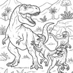 Malvorlage kämpfende Dinosaurier - Dino Kampf Eine Gruppe von drei kleineren Dinosauriern umringt einen großen, brüllenden T-Rex in einer prähistorischen Landschaft mit Bergen, Palmen und Felsen unter einem klaren Himmel – eine dramatische Szene aus „Malvorlage kämpfende Dinosaurier – Dino-Kampf“.