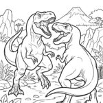 Malvorlage kämpfende Dinosaurier - Dino Kampf Zwei große Dinosaurier mit geöffnetem Maul stehen sich in einer prähistorischen Landschaft gegenüber, im Hintergrund sind Felsen, Pflanzen und ein Vulkan zu sehen. Das Bild ist schwarz-weiß und als Malvorlage „Kämpfende Dinosaurier – Dino-Kampf“ gestaltet.