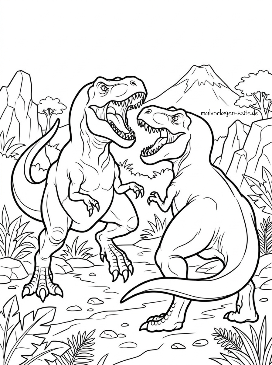 Malvorlage kämpfende Dinosaurier - Dino Kampf Zwei große Dinosaurier mit geöffnetem Maul stehen sich in einer prähistorischen Landschaft gegenüber, im Hintergrund sind Felsen, Pflanzen und ein Vulkan zu sehen. Das Bild ist schwarz-weiß und als Malvorlage „Kämpfende Dinosaurier – Dino-Kampf“ gestaltet.
