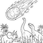 Malvorlage Dinosaurier und Komet Eine Gruppe von Dinosauriern blickt nach oben, als ein großer Meteor über den Himmel schießt, umgeben von Palmen und prähistorischen Pflanzen.