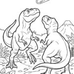 Malvorlage Dinosaurier und Komet Zwei Dinosaurier stehen in einer prähistorischen Landschaft mit Pflanzen und einem Vulkan auf ihren Hinterbeinen und blicken zu einem Meteor hinauf, der über den Himmel schießt – eine perfekte „Malvorlage Dinosaurier und Komet“-Szene.